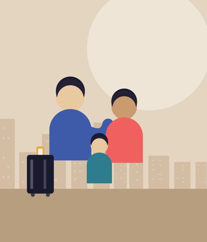 Father and child starting a new life abroad